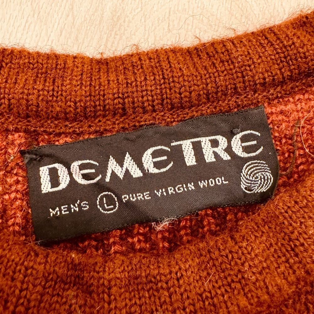 VTG! Demetre Red Cream Brown Color Block‎ Pure Virgin Wool Knit L 90s 80s Retro - Picture 5 of 9